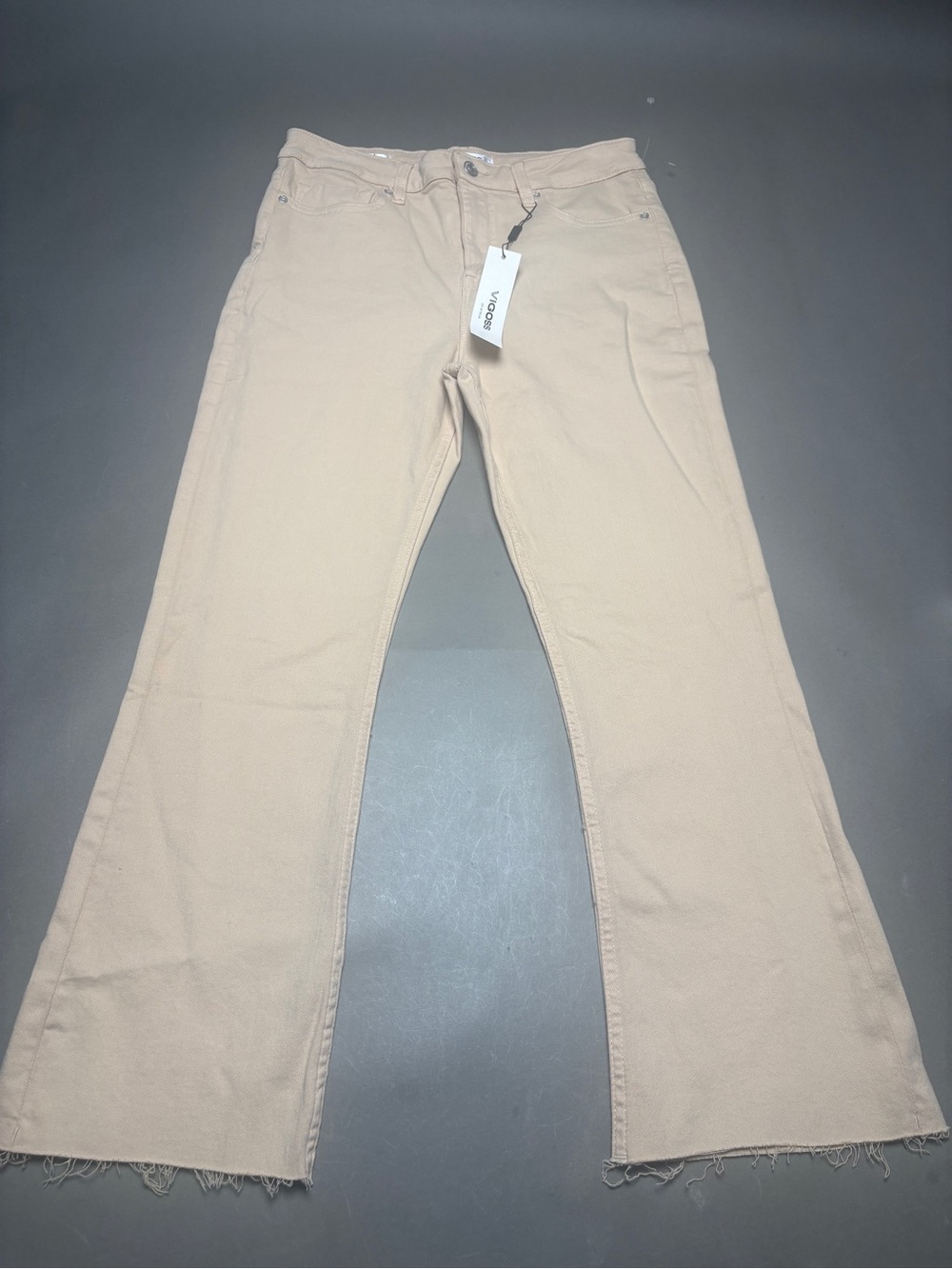 Vigoss Beige Flare Khaki Jeans with Raw Hem